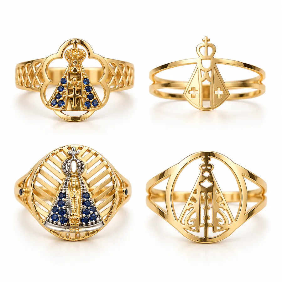 Quatro anéis de ouro com Nossa Senhora, alguns com pedras azuis