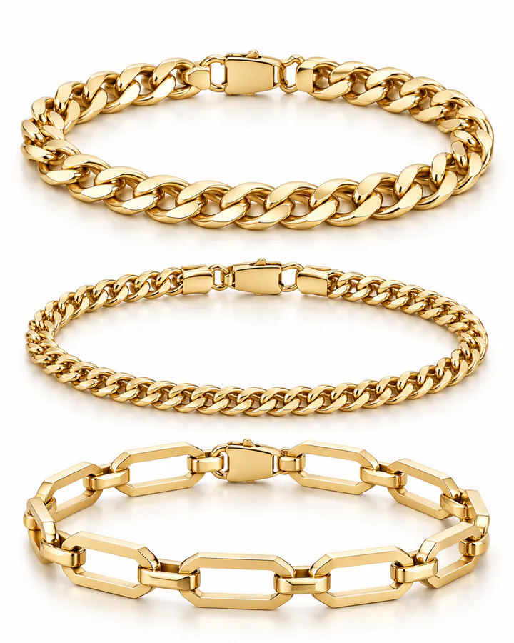 Três pulseiras masculinas de ouro com elos grumet e retangulares