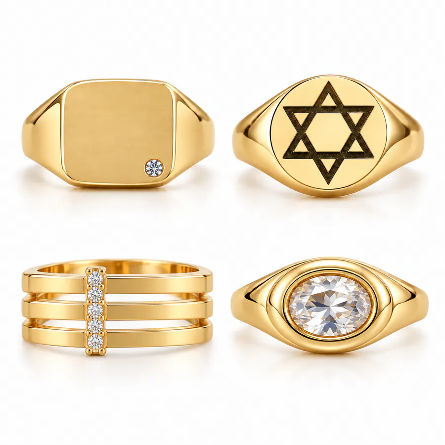 Anéis de ouro personalizados: chapa lisa, estrela, faixas com pedras e pedra oval